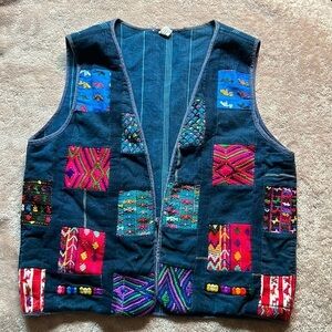 Embroidered Navy Patchwork Vest - Colorful Boho Accent